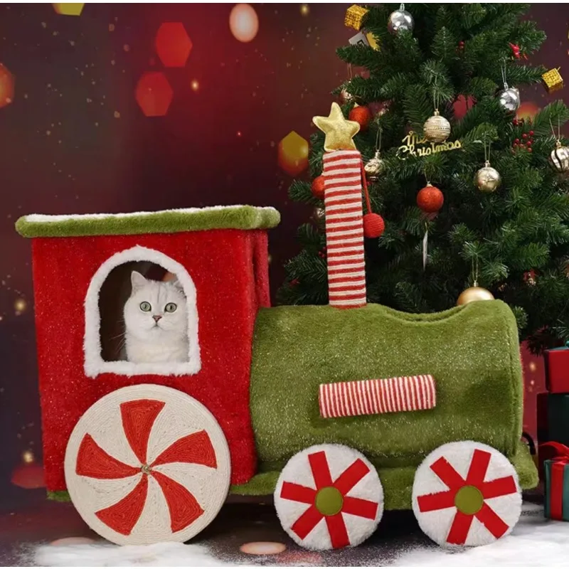 Zeze Christmas Little Train Cat Crawl Frame Cat Nest All Seasons Universal Cat Scratch Pillar Toy Winter Warmth