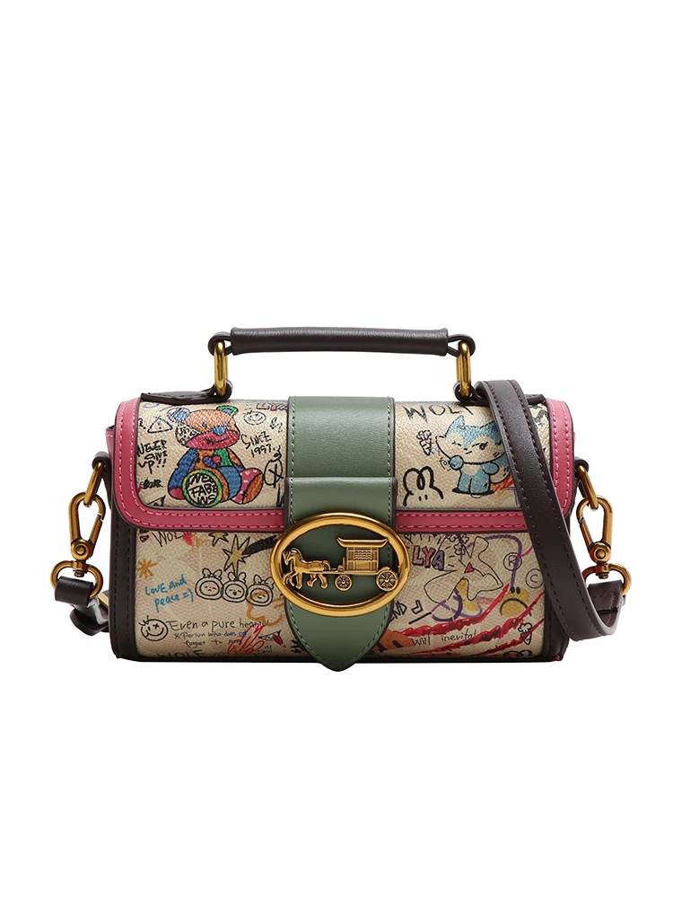 Ladies handbag, high-end designer graffiti handbag, 2024 new retro contrasting color commuting single shoulder crossbody bag