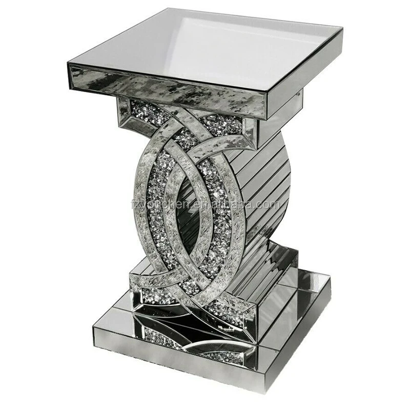 Glass Top Diamond Mirrored End Table Bed Coffee Side Table for Living Room