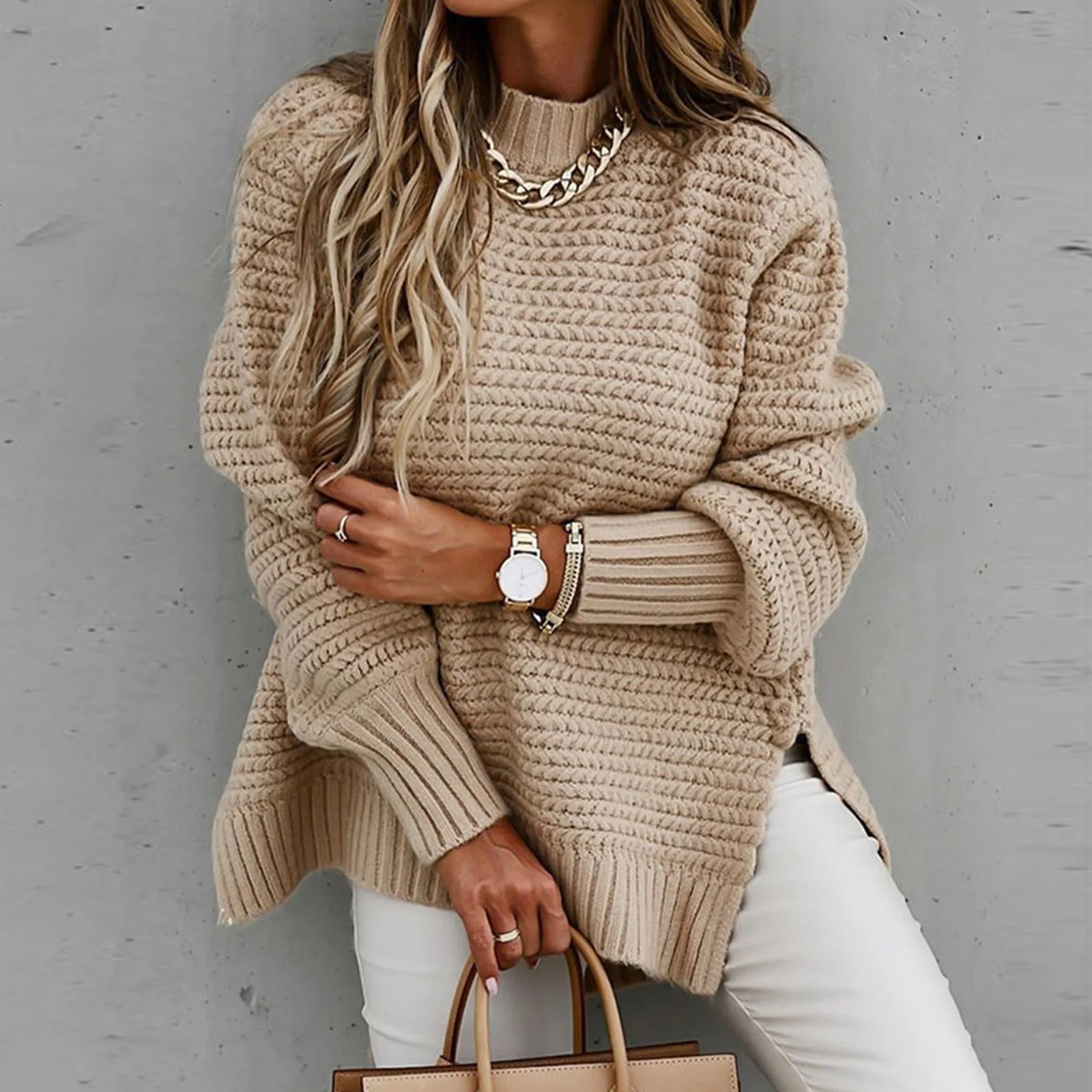 

2023 Knitted Sweater Autumn Winter Half Turtleneck Solid Long Sleeve Pullover Female Elegant Loose Side Split Coarse Knit Jumper