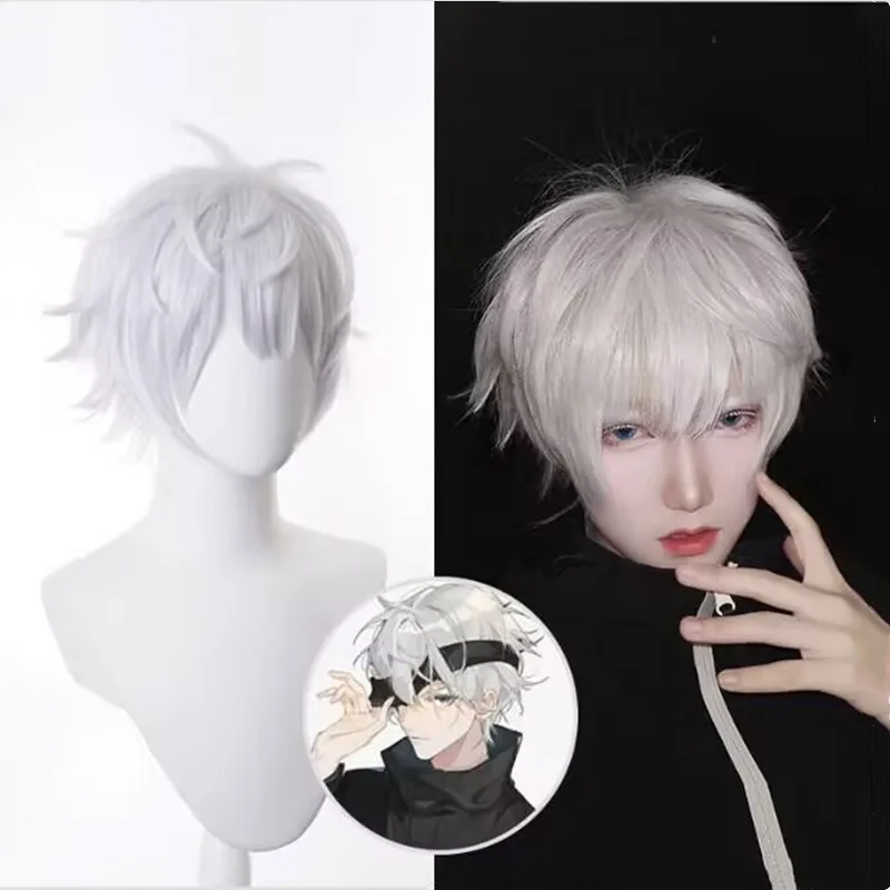 

Handsome Gojo Satoru Role Wig Stage Sitcom Spellcaster Dress Up Headwear Man Daily Wear Silvery 11.02inch Short Hair Wig Cover