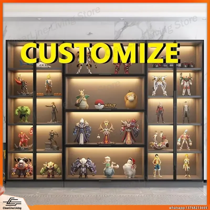 

Custom Tempered Glass Display Cabinet with LED Lights Large Capacity Multi Tier Storage Aluminum Frame for Collectibles