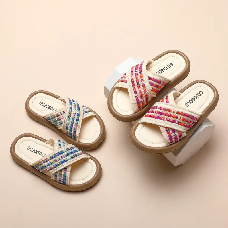 Girl Woven Slippers Soft-soled Outdoor Walking Shoe Child Summer Children's Retro Ethnic Style Princess Beach Shoes Slide 26-37