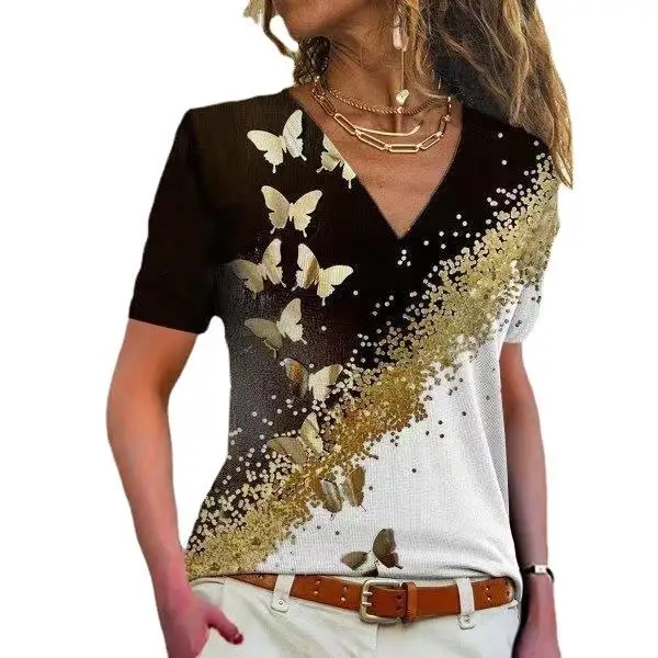 Women's ort Sve Printed Collar T-irt Slim Fit Polyester Spandex Blend Comfortable Breathable Faion Top for Ladies