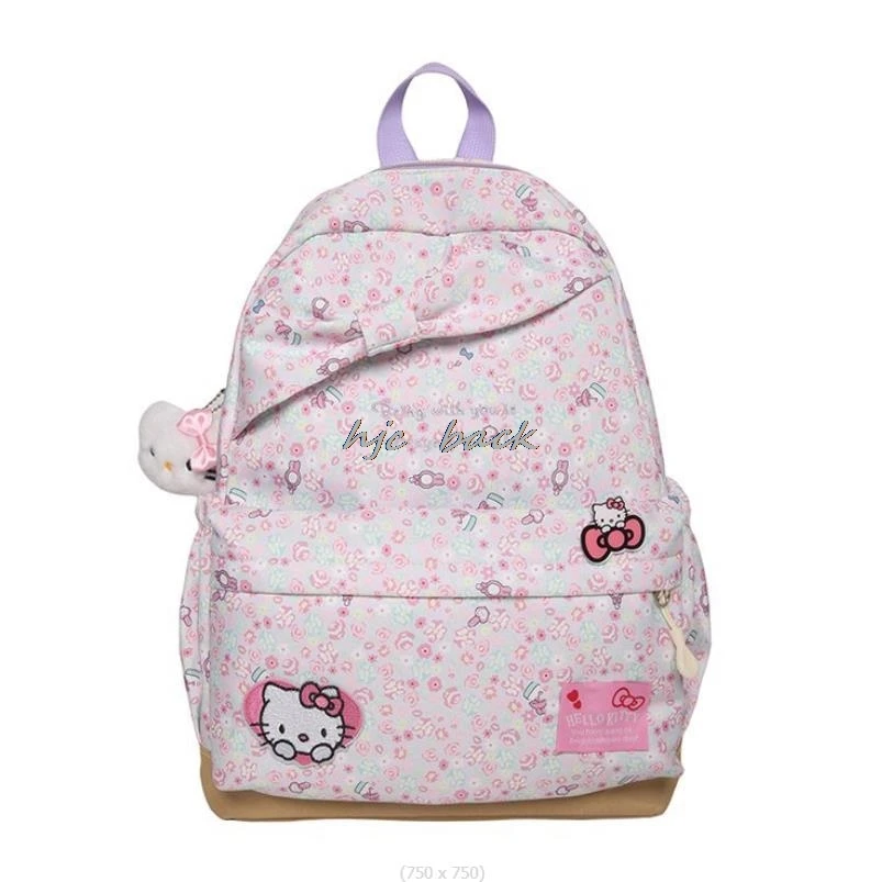 Mochila escolar bonito Hello Kitty para meninas, adolescentes e mulheres, mochila para laptop, mochila de arco, nylon, grandes sacos de livros estudantis