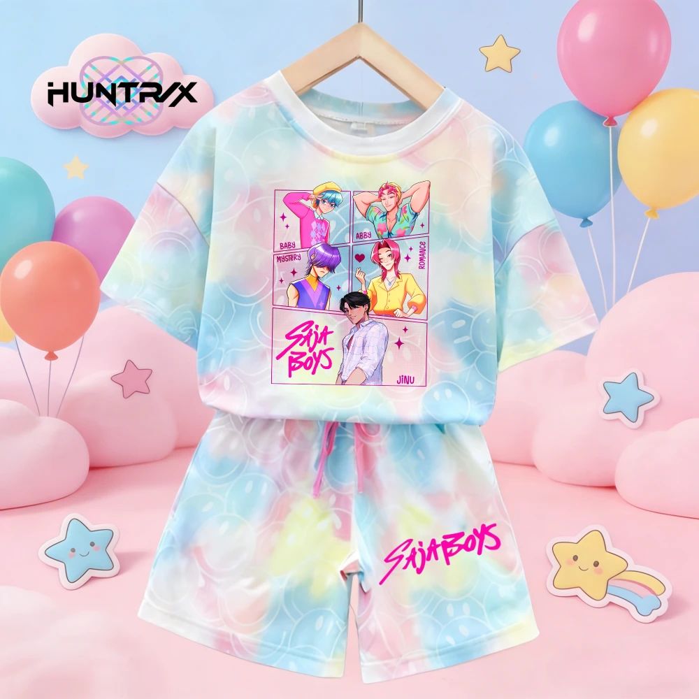 ชุดเสื้อยืดแขนสั้นผ้าฝ้ายเนื้อนุ่มลายหน้ายิ้มน่ารัก Kpop Demon Hunters และกางเกงขายาว ชุดนอนเด็กผู้หญิงสำหรับฤดูร้อน ของขวัญชุดลำลอง