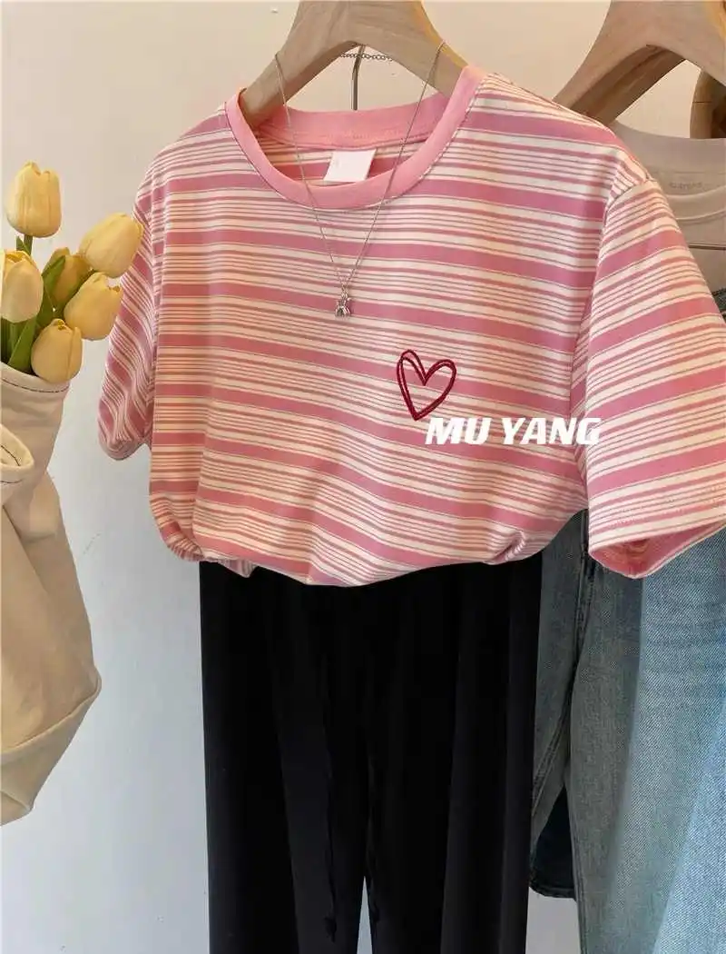 Летняя полосатая женская футболка больших размеров в стиле ретро с круглым вырезом, универсальные топы, свободные шикарные повседневные топы с короткими рукавами