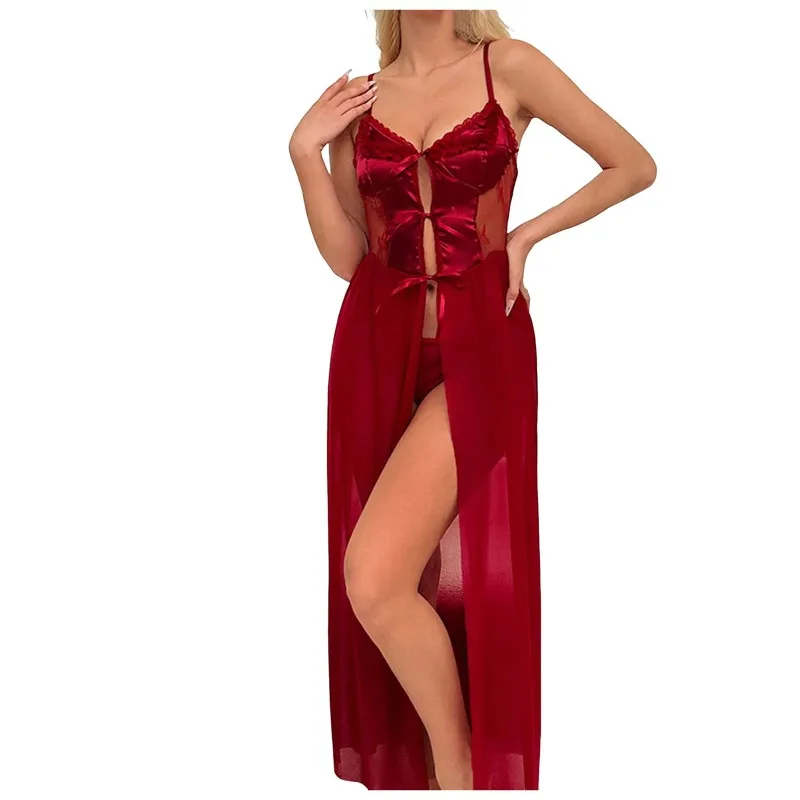 Women Sexy Red Lingerie Bodysuit See Through Mesh Suspender Lingerie Nightdress For Ladies Plus Size Lace Up Long Underwear Sets
