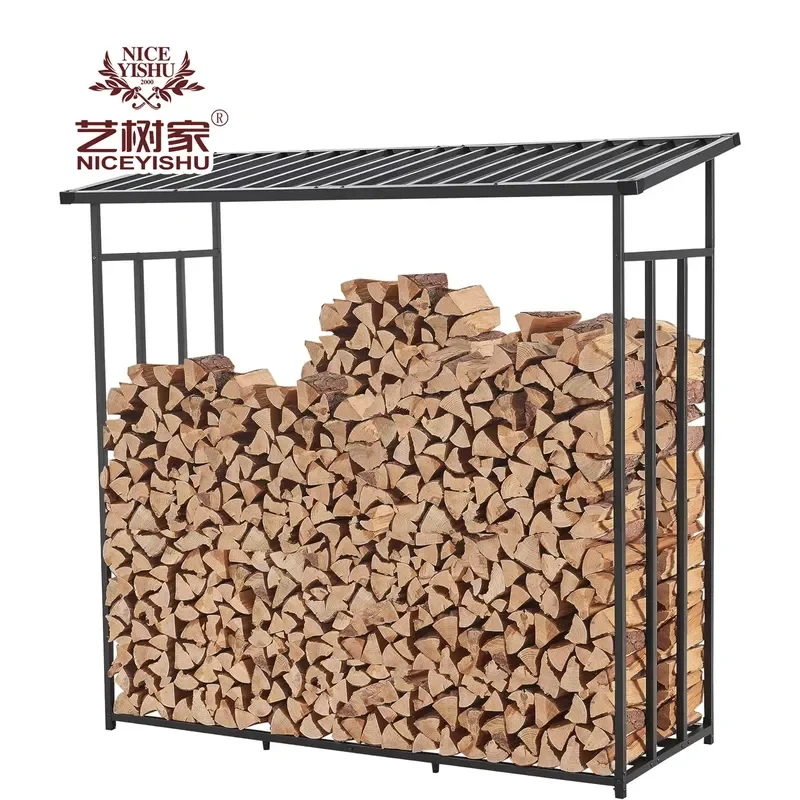 XXL Black Steel Firewood Rack with Roof Cover Wooden Shelter Storage Shelf-Outdoor Log Holder for Fireplace Sets &
