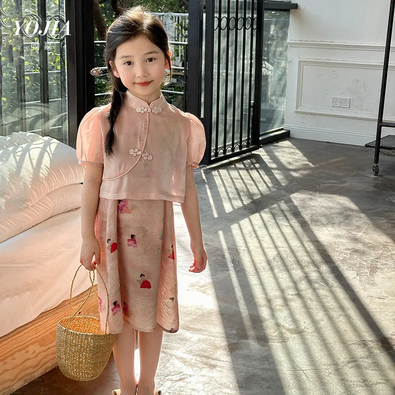 

Girl Dress Set Girls Clothes Suit Summer 2024 New Chinese-style Children Cheongsam Dress Baby Girl Pink Two-piece Set