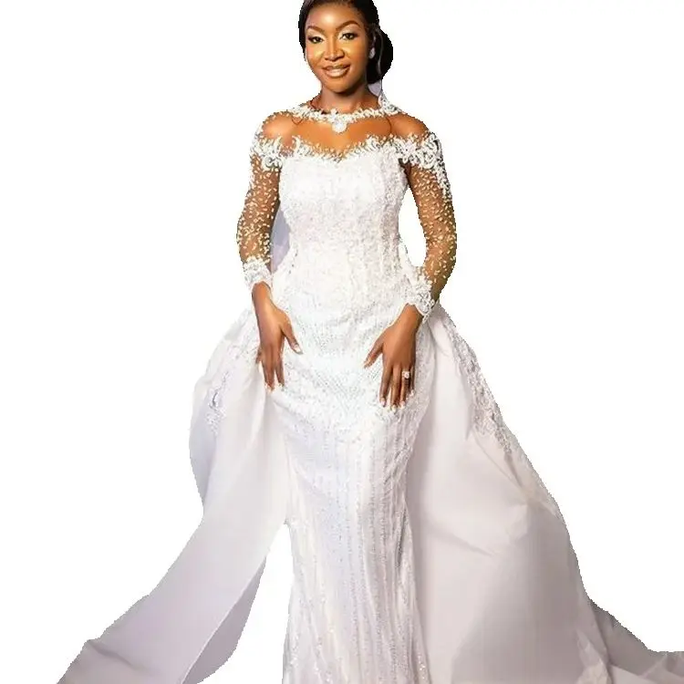 

Customized Sheer Neck Sparkly Beads Sequins Plus Size Wedding Dress with Overskirt Vestidos De Novia Long Sleeves Bridal Gown