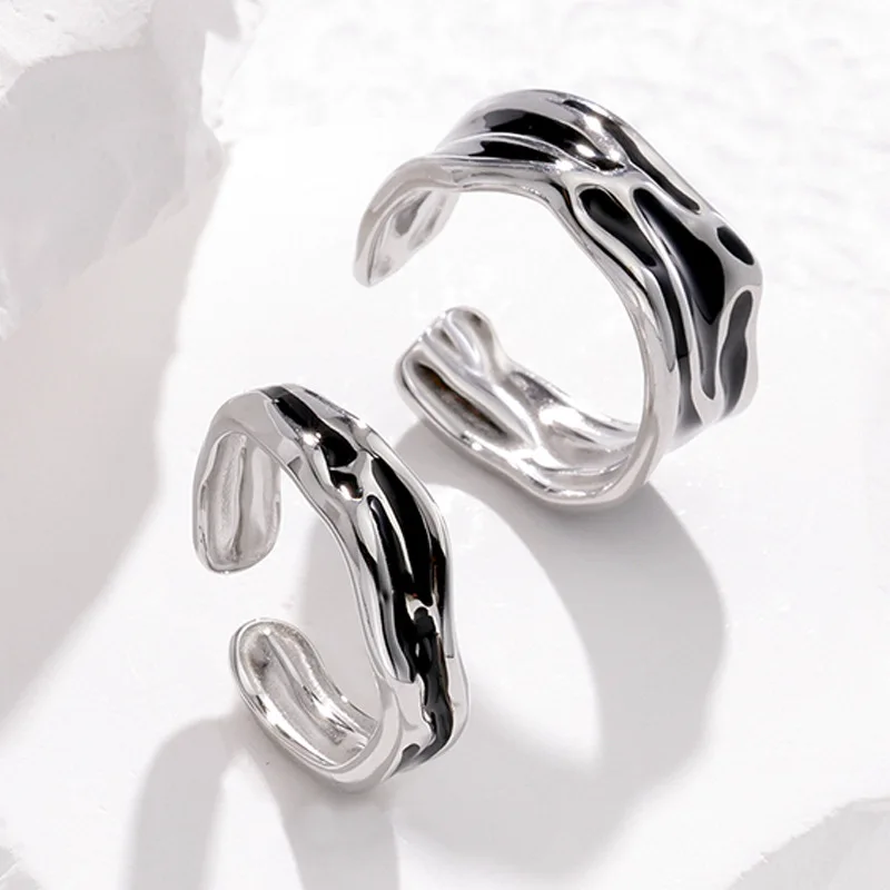 Personality Silver Color Stainless Steel Irregular Black Enamel Couple Rings for Women Men Charm Finger Jewelry Gift Colorfast