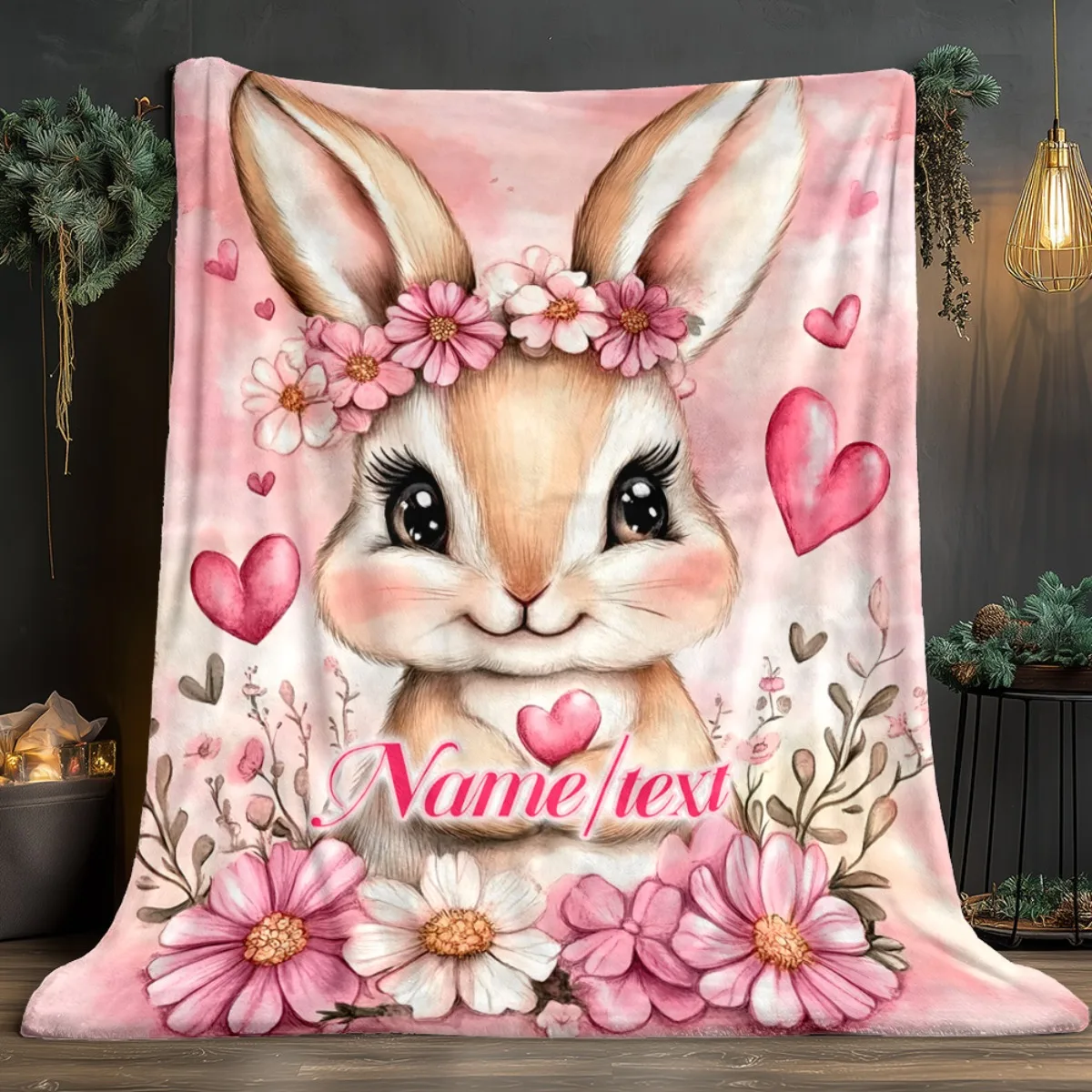 1 rabbit heart 2D flat personalized custom name portable blanket _ Lightweight, soft and warm polyester flannel digital print, s