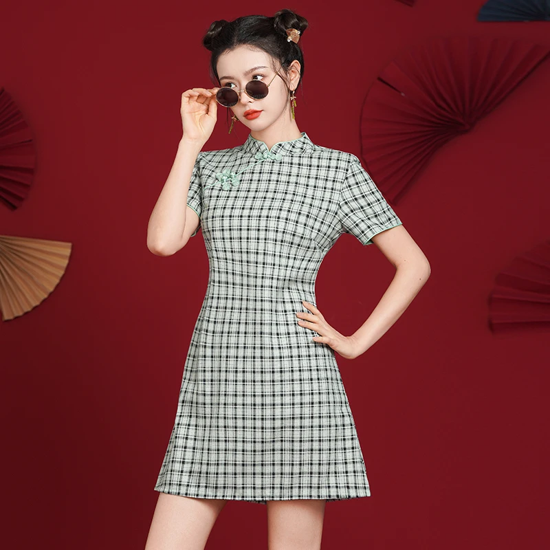 

Модное свободное клетчатое вечернее платье Ципао, лето 2021, женское платье Cheongsam с короткими рукавами в китайском стиле