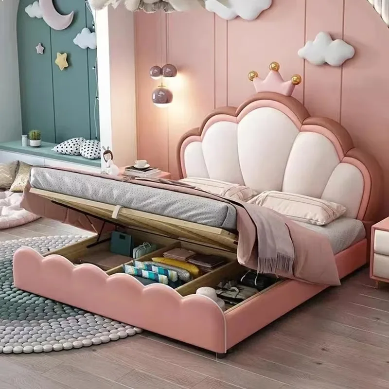 Children's Modern Simple Bed Crown Princess Small Apartment Light Luxury Bed Storage Drawer Girl Camas De Dormitorio Furniture