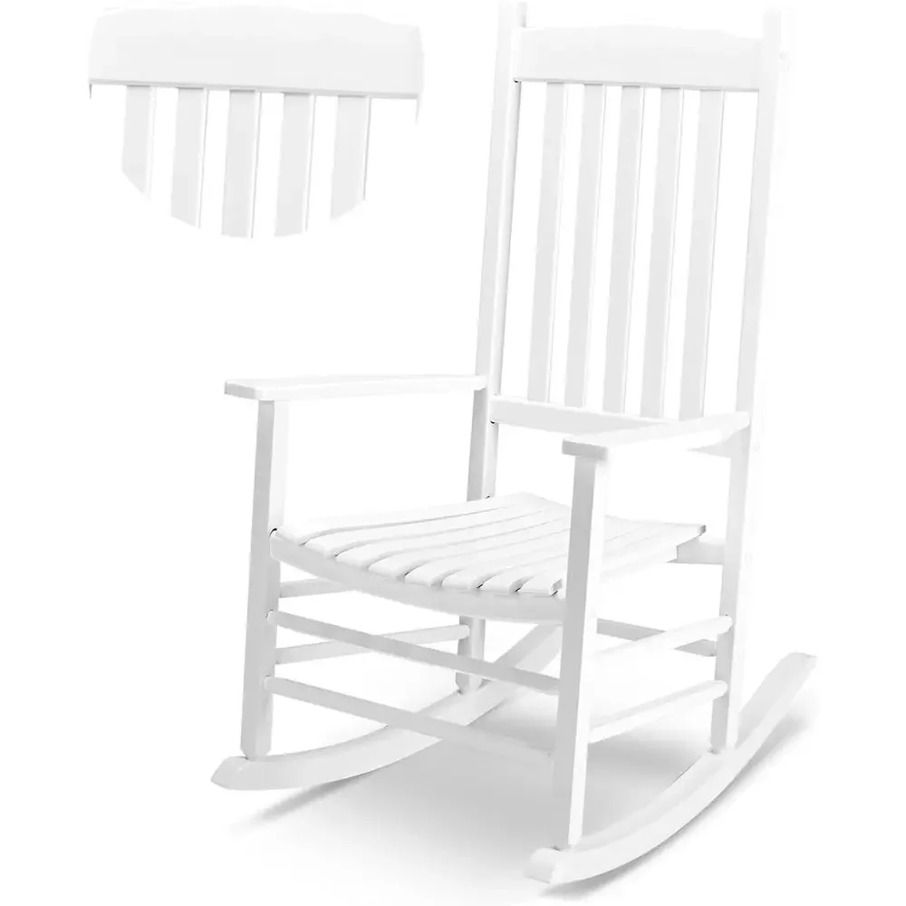 Weather-Resistant White Wooden High-Back Rocking Chair for Outdoor Patio, Deck, and Garden
