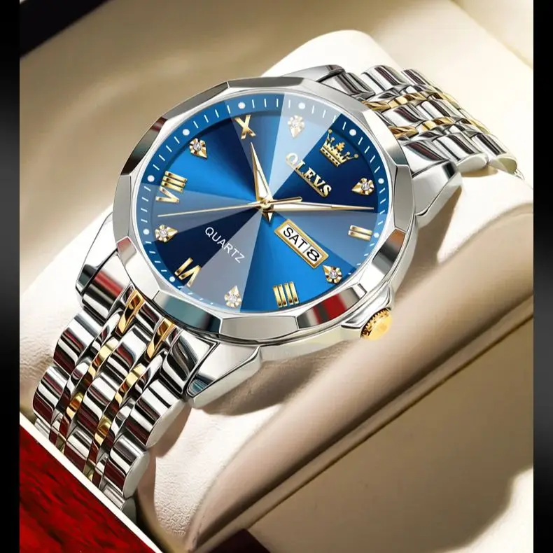 

OLEVS мужские часы с ромбом и зеркалом, оригинальные кварцевые часы для мужчин, водонепроницаемые, светящиеся, из нержавеющей стали, мужские наручные часы с датой 9931