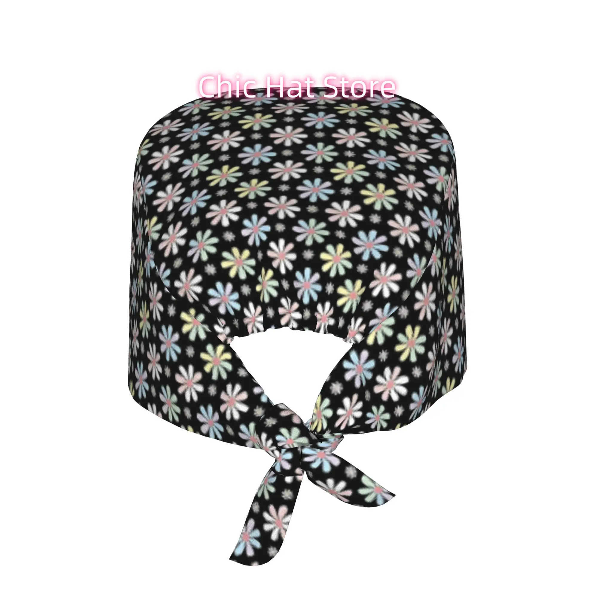 Pastel Daisy Bloom Seamless Pattern Unisex Work Cap Adjustable Lightweight with Lace Up Desig Dust Proof Suitable for Nurses And