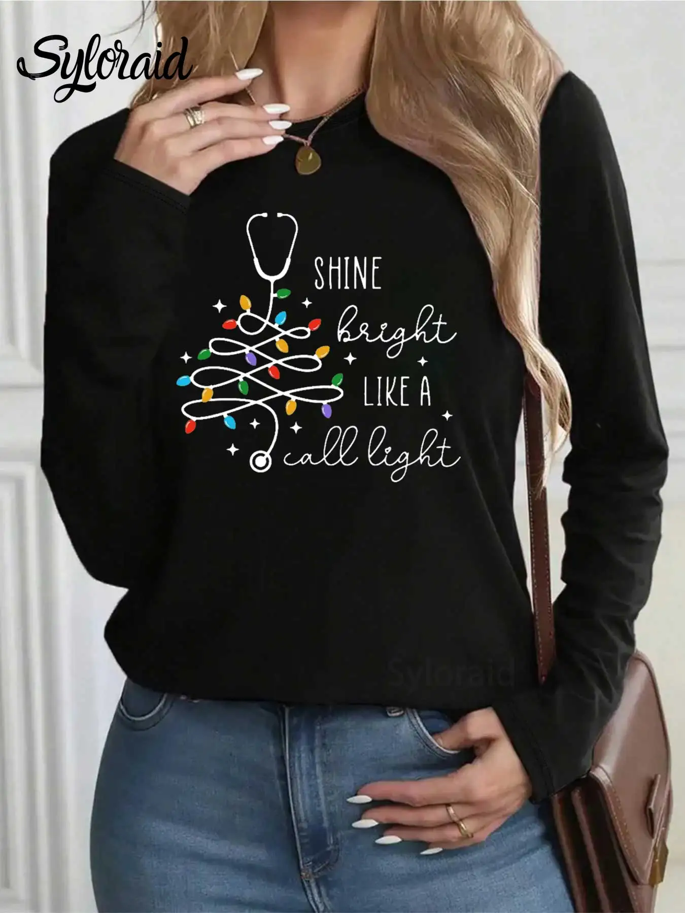 تي شيرت نسائي طويل الأكمام مضحك ممرضة عيد الميلاد جرافيك تي شيرت أزياء جولة الرقبة عارضة أعلى #2