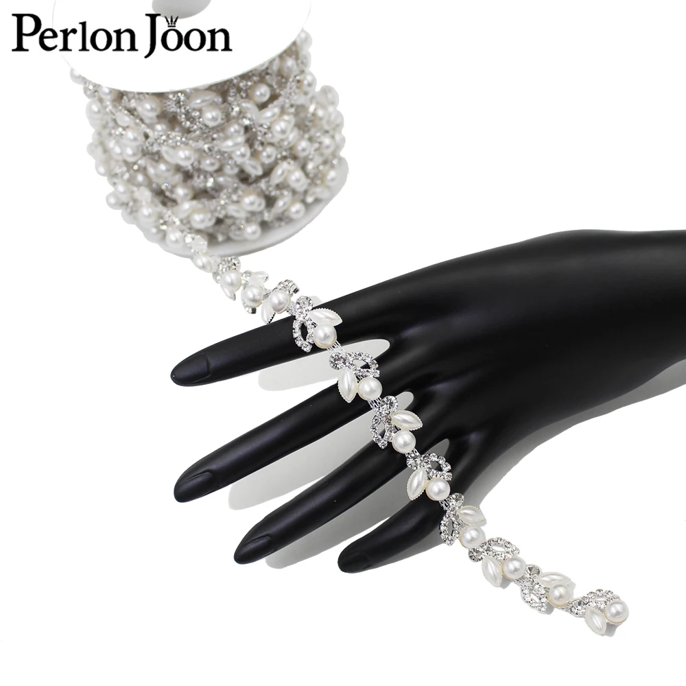 Classic leaf shape pearl crystal chain rhinestones trim Ribbon metal chain for dress, bag, shoes accessories ML008-3