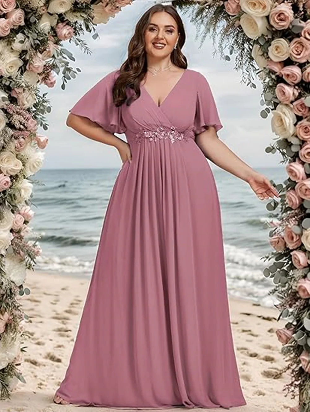 

V Neck Short Flounce Sleeve Chiffon Mother Of The Bride Dresses For Wedding Lace Applique Plus Size Dress Formal Dress For Women