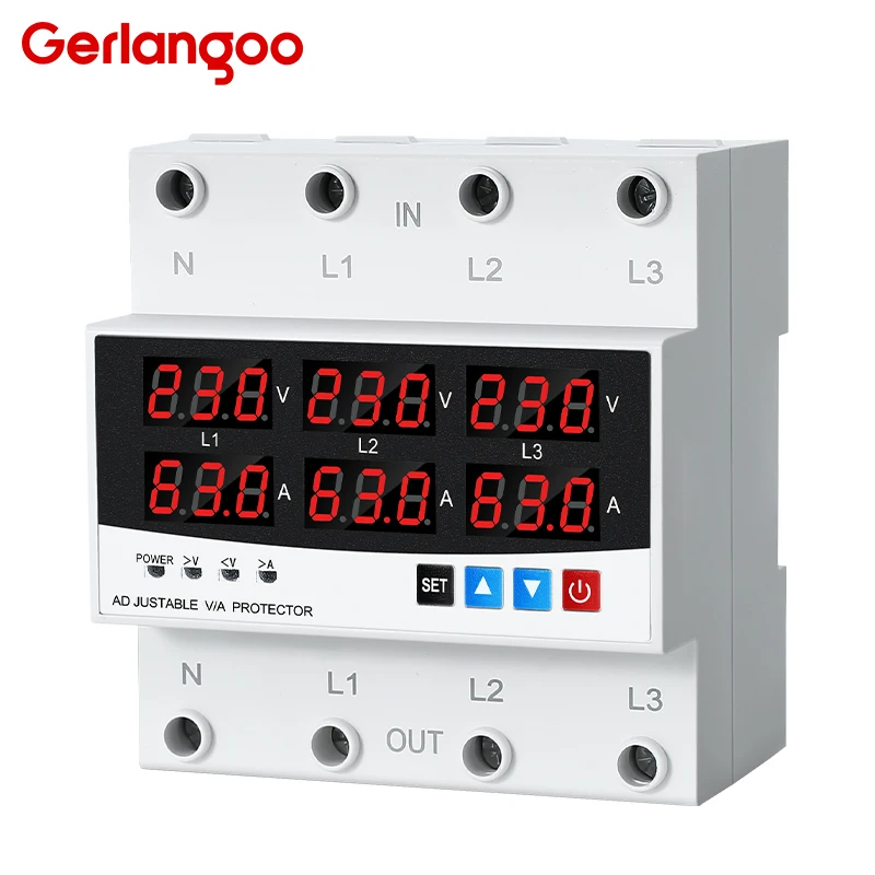 100A 63A 3 Phase 3P+N Din Rail Phase Selector Adjustable Over and Under Voltage Current Protection Monitor Relays Protector