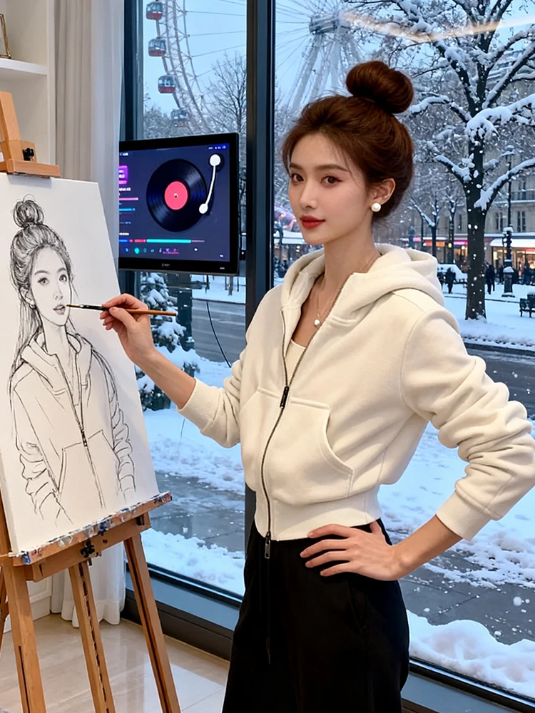 Women's Fce Lined Thiened Hoodie Double Sided Velvet Warm Faionable Outerwear Zipper Sle Long Sve Korean Sle