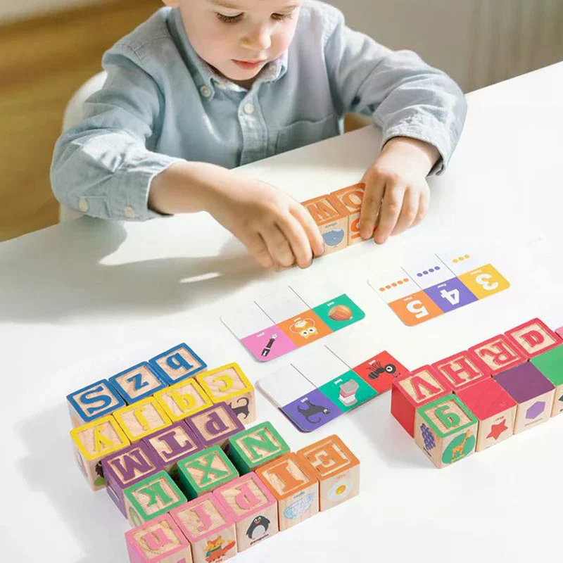 كتل أرقام خشبية من مونتيسوري - ألعاب تعليمية لمرحلة ما قبل المدرسة للأطفال على شكل حروف ملونة وألغاز التعلم المبكر للإدراك الحيواني