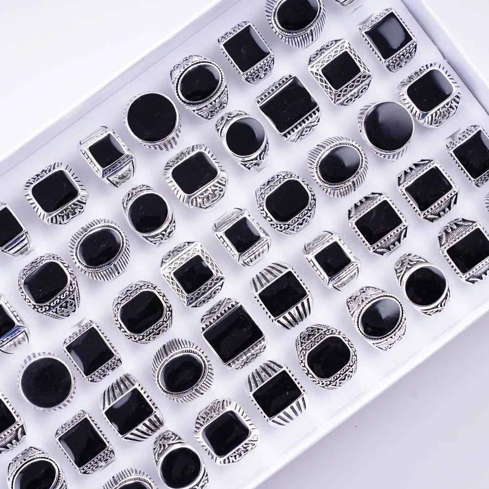 20Pcs/Lot Vintage Mix Black Enamel Geometric Square Silver Plated Rings for Men Women Retro Punk Jewelry Accessories Party Gifts