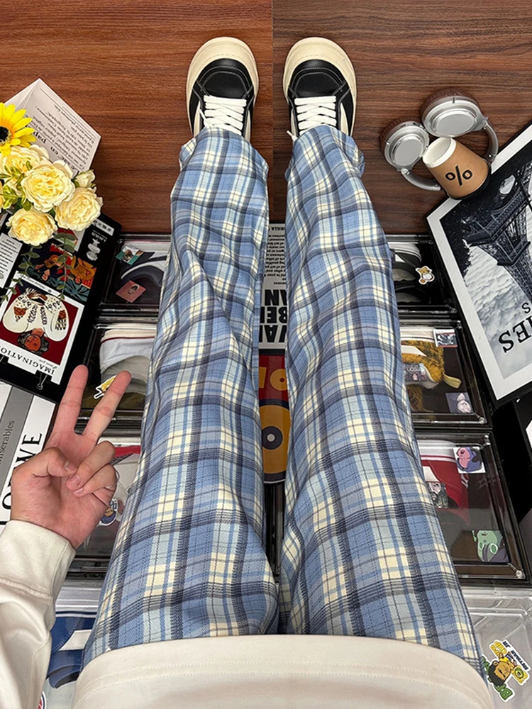Laid-back Style Plaid Pants Men's Comfortable Loose Fit Drapey High-End Straight Leg Trousers North Carolina Blue Casual Pants - view 2
