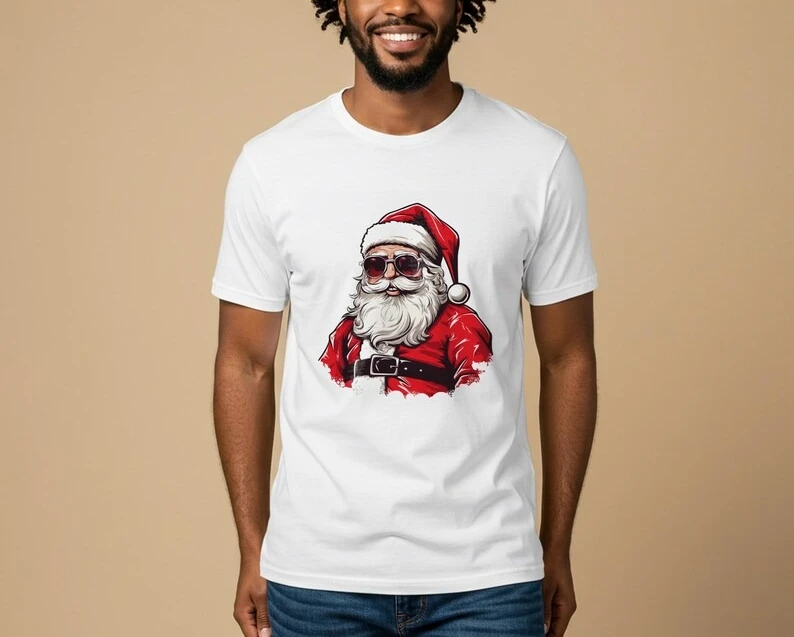 

Крутая футболка Санта-Клауса с солнцезащитными очками, современная рождественская одежда, забавная праздничная графика, уникальная идея подарка унисекс для простых стильных топов
