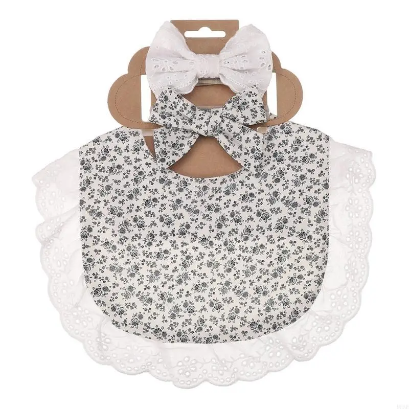 

95AE Cotton Bib Flower Print Baby Feeding Towel Water Absorbent Saliva Towel Newborns Burp Cloth with/without Headband