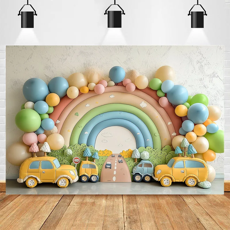 WPFSGE  Newborn One Year Portrait Photography Backgrounds Rainbow Balloons Yellow Bus Toy Car Cartoon Style Backdrops Studio Pro