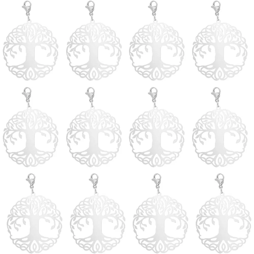 20pcs 201 Stainless Steel Tree of Life Flat Round Filigree Pendants with Lobster Claw Clasps Metal Hollow Charm Drop Dangle