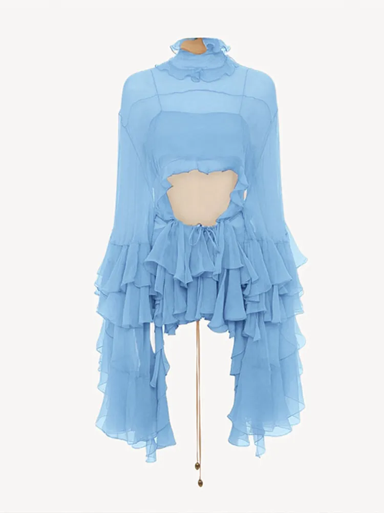 أطقم تنورة طويلة مثيرة مكشكشة للسيدات شفافة من خلال الياقة المدورة وأكمام مضيئة قطع علوية قصيرة بطيات على شكل حرف a تنانير صيف 2025 للسيدات