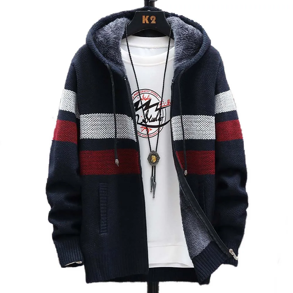 FALIZA Striped Mens Sweater Coat Thick Fleece Warm Zipper Wool Hooded Cardigan Jumpers Men Long Sleeve Knitted Sweaters MXY110