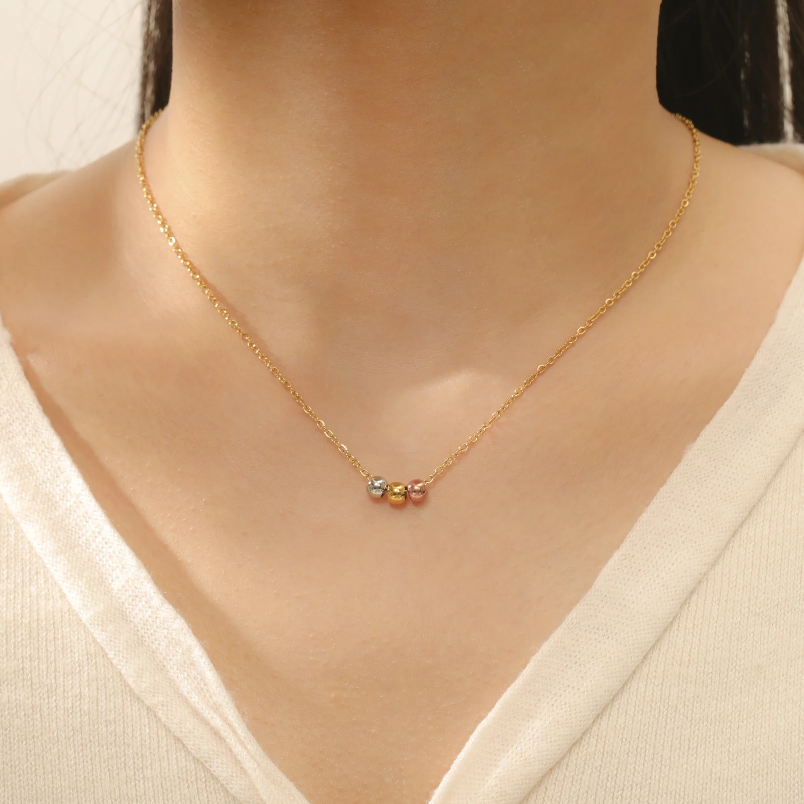 

Kkjoy Stainless Steel Bead Necklace Three Color Round Beads Versatile Daily Dating Jewelry Gift Suitable Office Workers Students