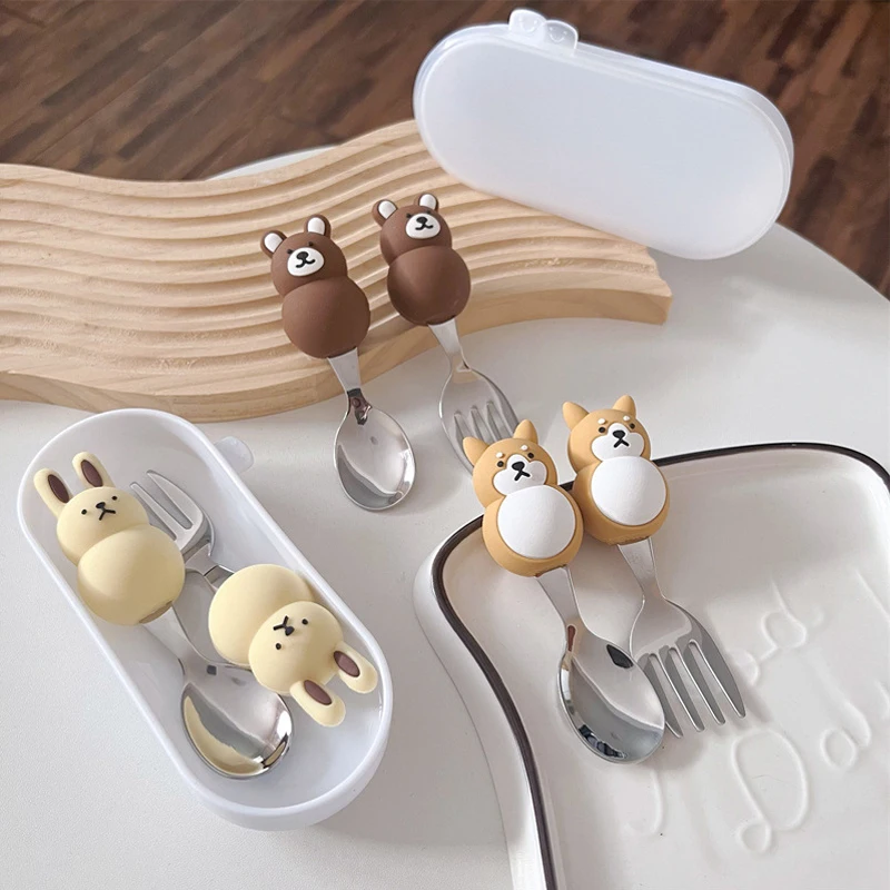 3pcs Children Spoon Fork Box Stainless Steel Kids Cutlery Portable Baby Feeding Utensils Baby Spoons Baby Tableware Set