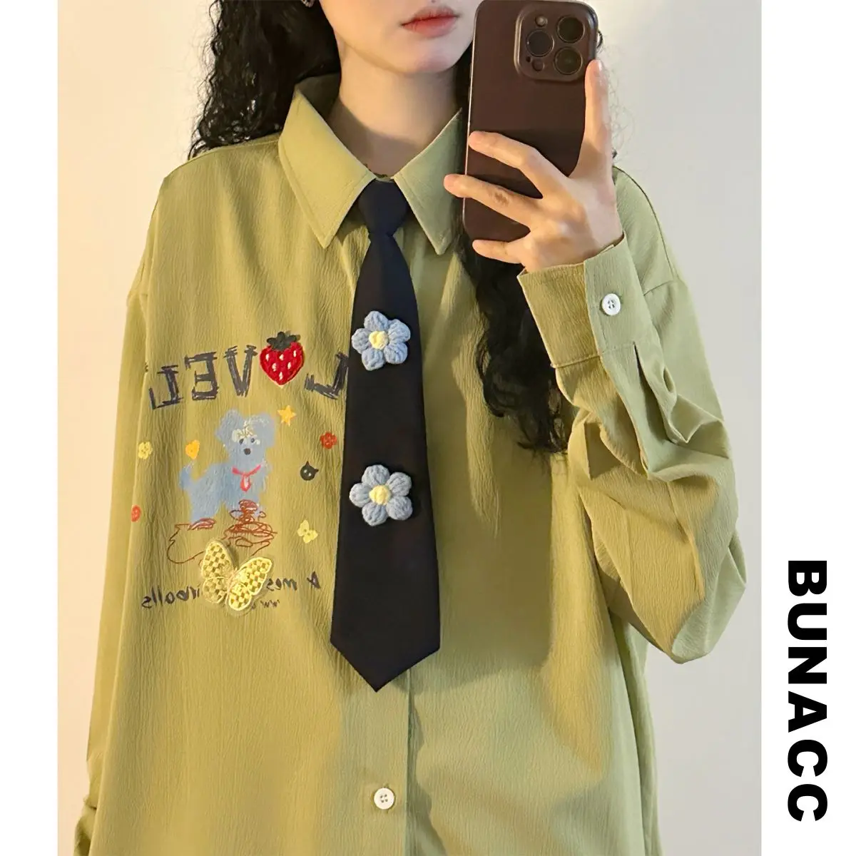 

Retro College Sle Cartoon Print Tie irt Long Sve Loose Fit ex Spring Summer Casual irt Chinese Brand