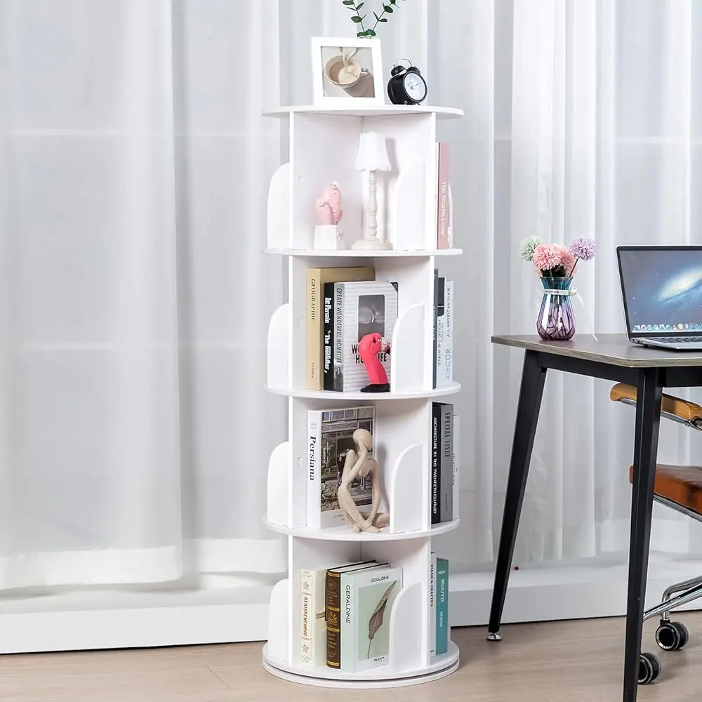 

4 Tier 360 Display Rotating Bookshelf Corner Wood Bookshelf Organizer Floor Standing Revolving Bookcase Ra Tall Spinning Round