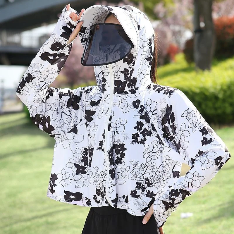 Lady Long Sleeves Ice Silk Sun Shirt Jacket Summer Femme Patchwork Loose Sunscreen Outwear Women Hooded Sun Protection Clothing