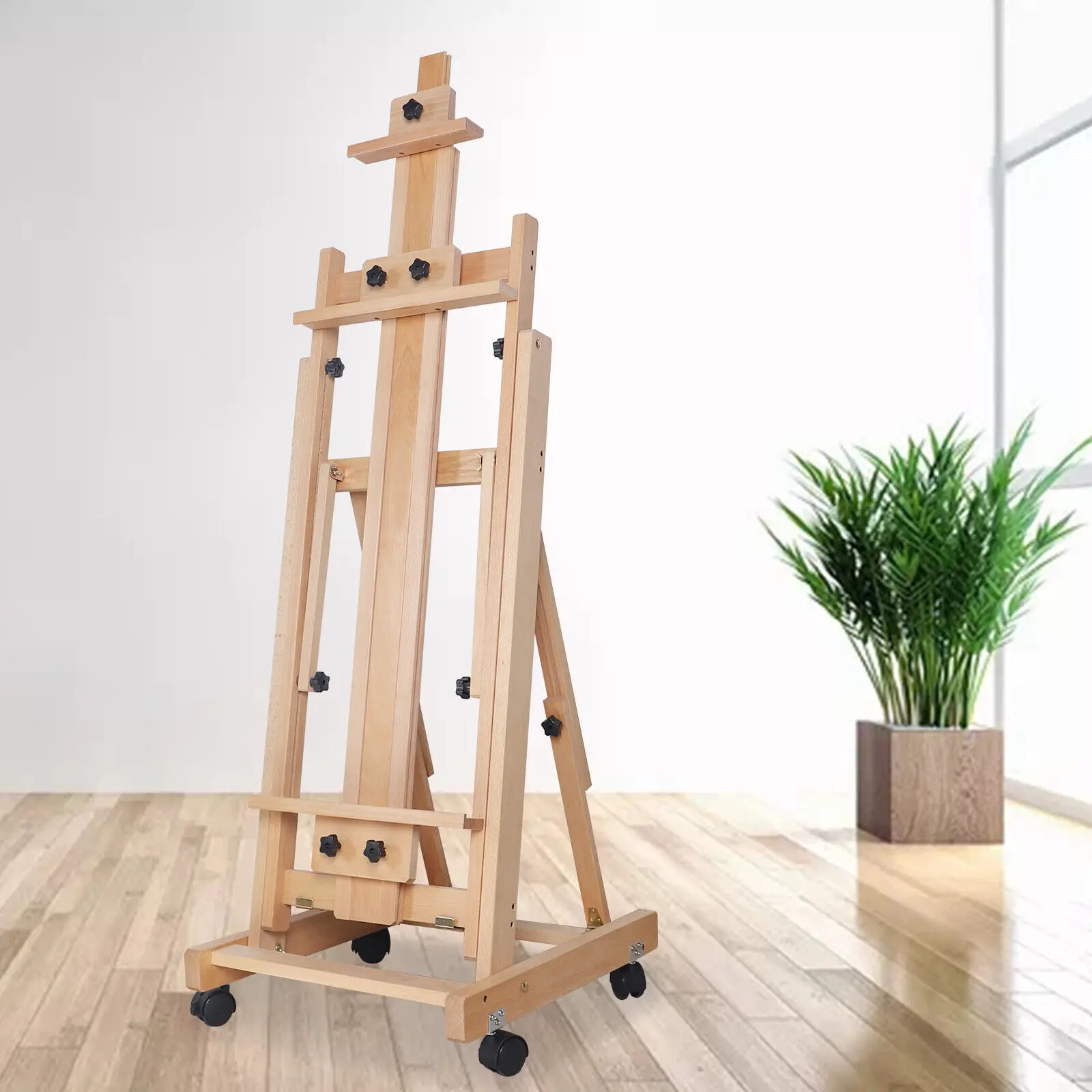 Wooden H-Frame Easel, Adjustable 56" to 91" Height, Movable Artist Stand for Studio Painting and Display