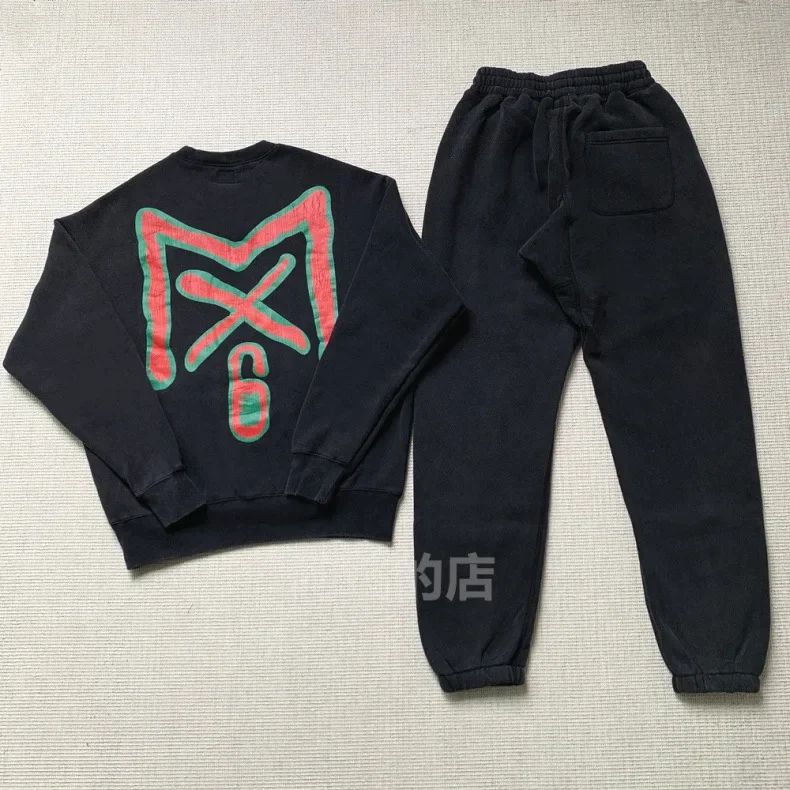 25SS Graffiti Letter Printing Saint Michael Sweatpants Washed Black Pure Cotton Jogger Sweat Pants Oversized Mens Pants
