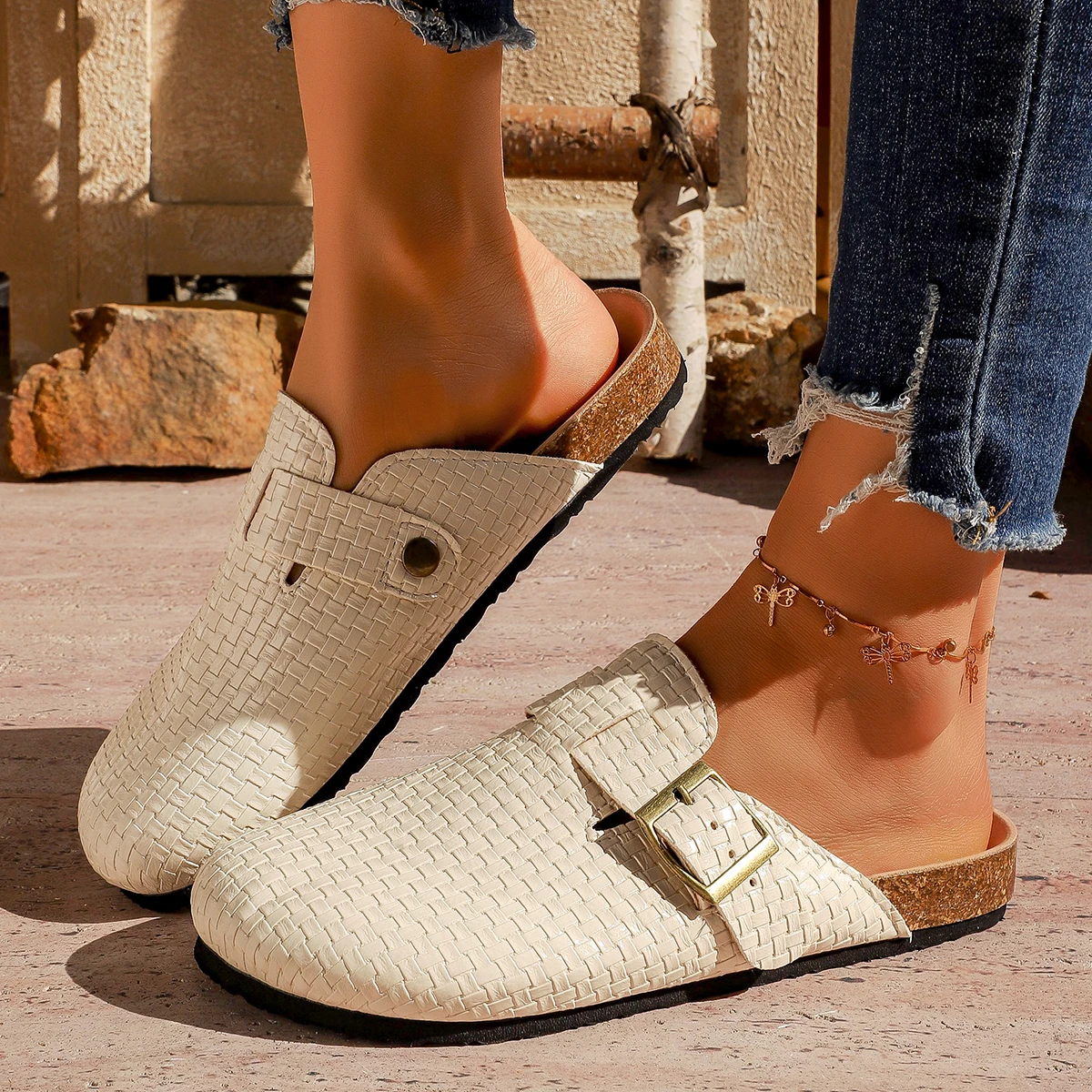 Hot Sale Women's Flat Mules - Retro Suede Leather Slippers Adjustable Strap Cork Insole Fashion Casual Shoes for Women 2026