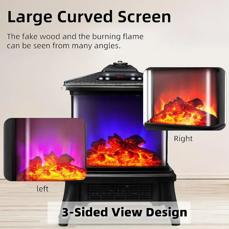 Electric Fireplace Heater 1500W 3 Sided Portable Freestanding Stove Heater Realistic Flame Effect 7 Colors& 3 Brightness