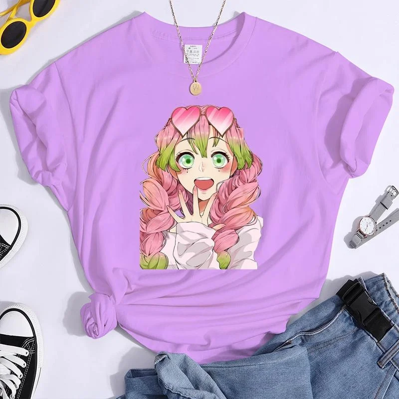 Camiseta estampada Kanroji Mitsuri feminina, gola redonda, streetwear aconchegante de manga curta, moda casual, camiseta Harajuku, verão, nova