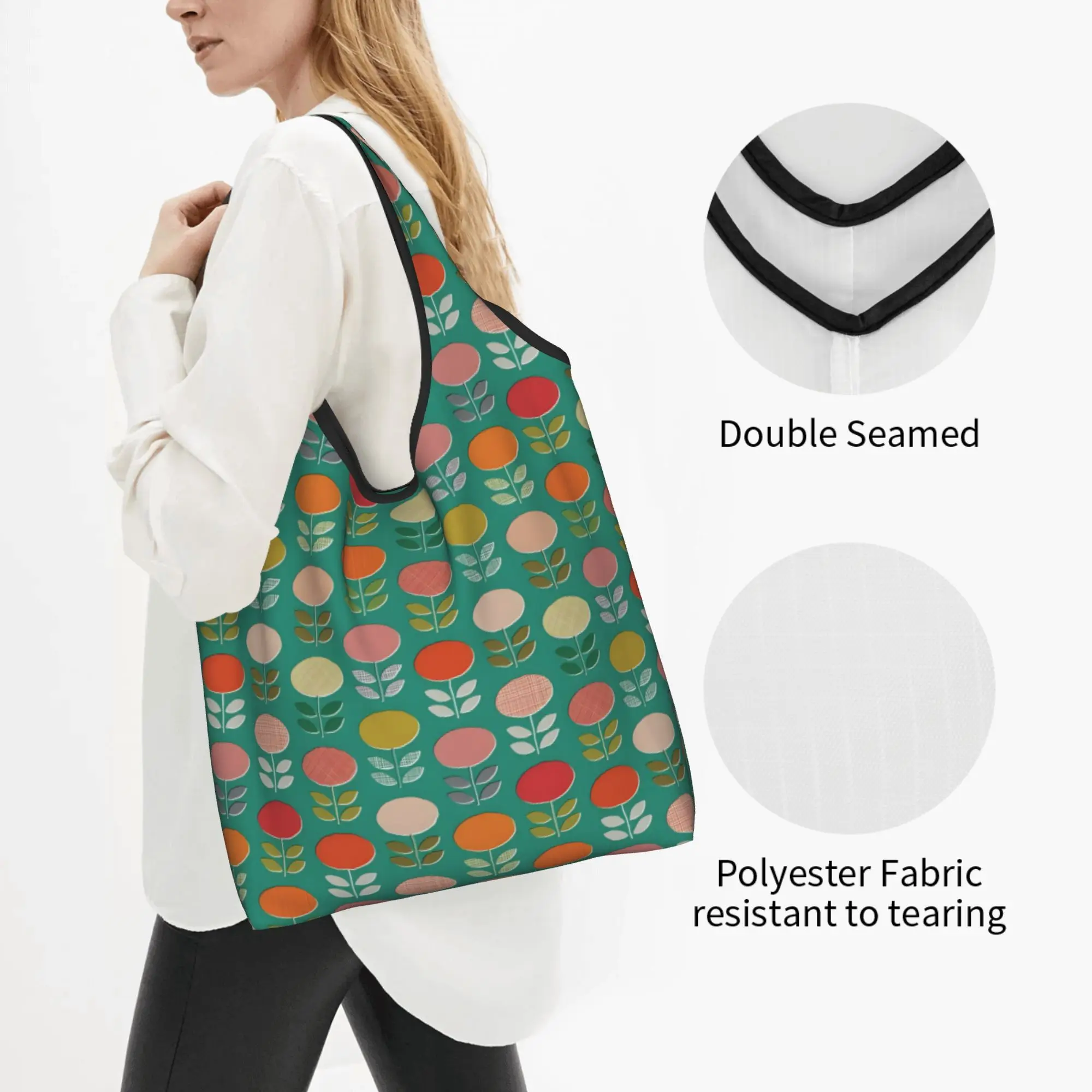 Recycling Orla Kiely Flowers  Shopping Bag Women Tote Bag Portable Mod Posies Jade Groceries Shopper Bags