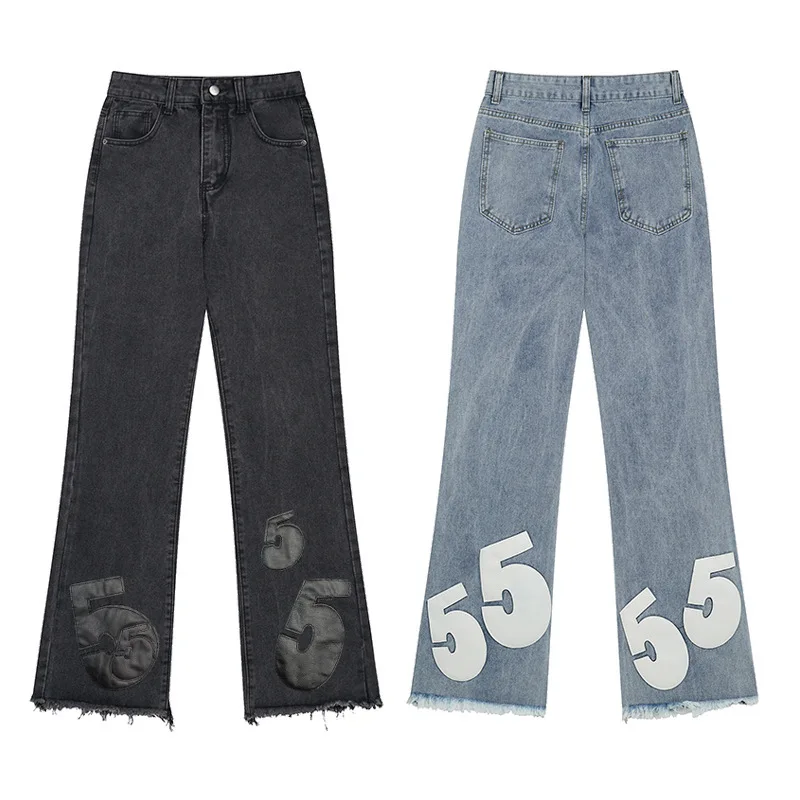 

2024 American high street trousers and jeans trendy letter print hip hop INs couple micro-flare denim trousers for street wear