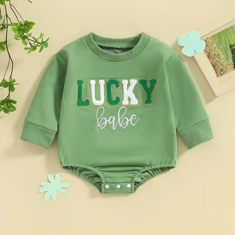 Newborn Baby St Patrick s Day Bubble Romper Clover Embroidery Long Sleeve Oversized Bodysuit Jumpsuit Outfit