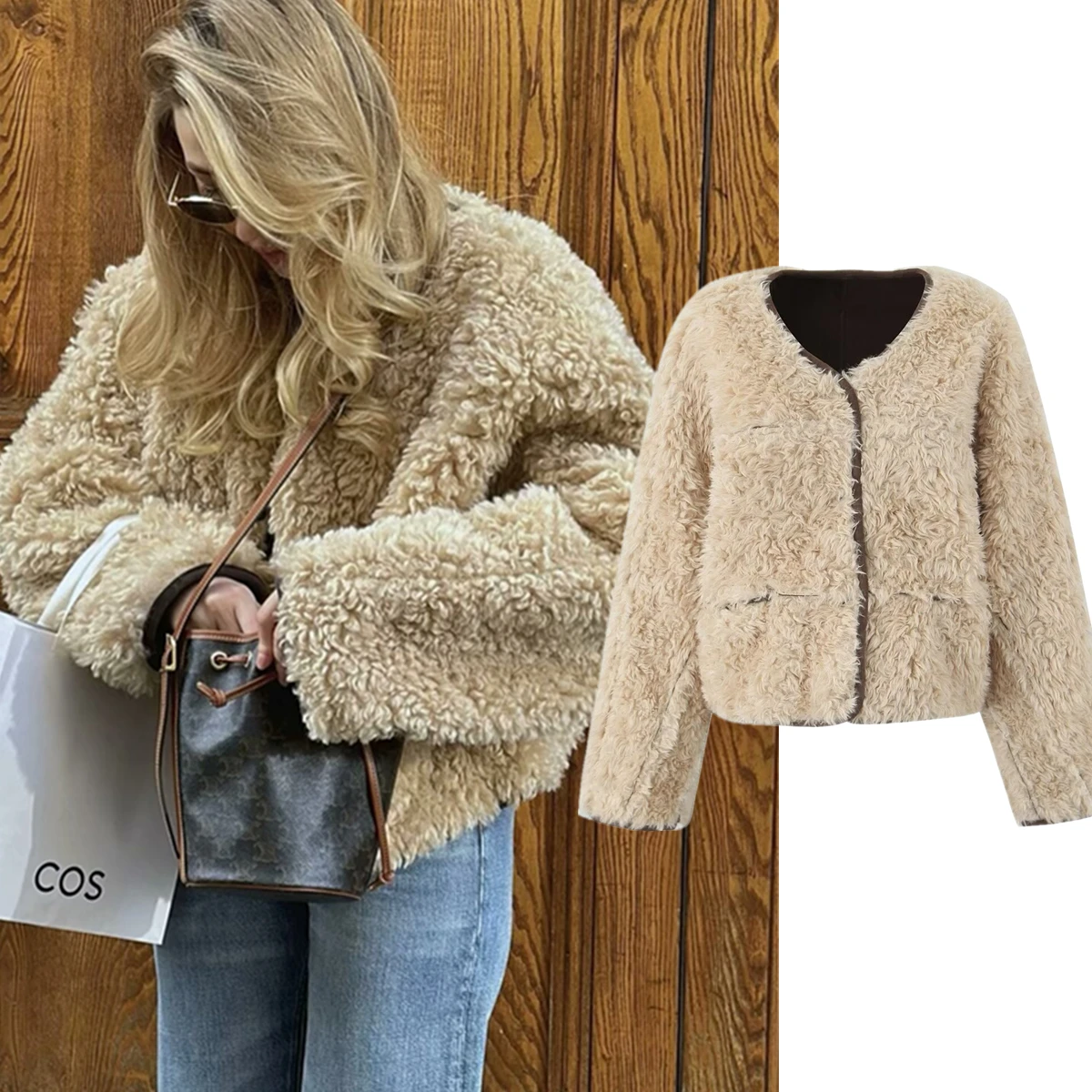 

Dave&Di Minimalist And Fashionable Reversible Jacket Vintage Llong Fur Suede Jacket Winter Coat Women